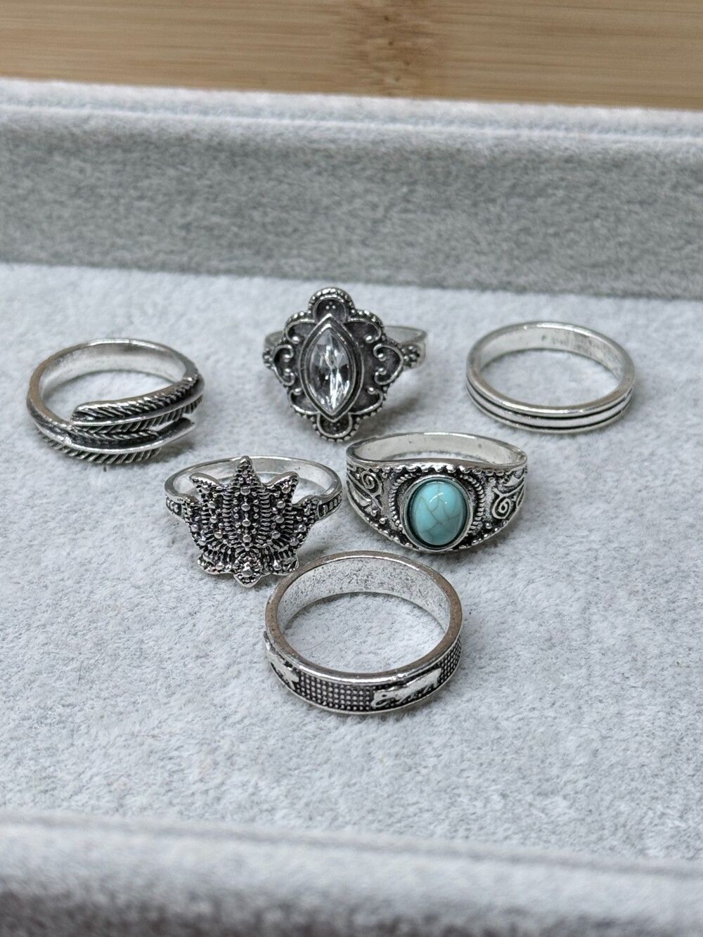 6pc Silver Tone Ring Bundle Size 8.25 Mixed Designs Stackable Fashion Rings
